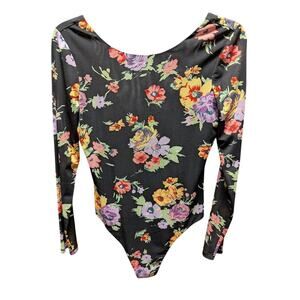 Wayf floral Black long sleeve Bodysuit scoop neck open back Size Small NEW